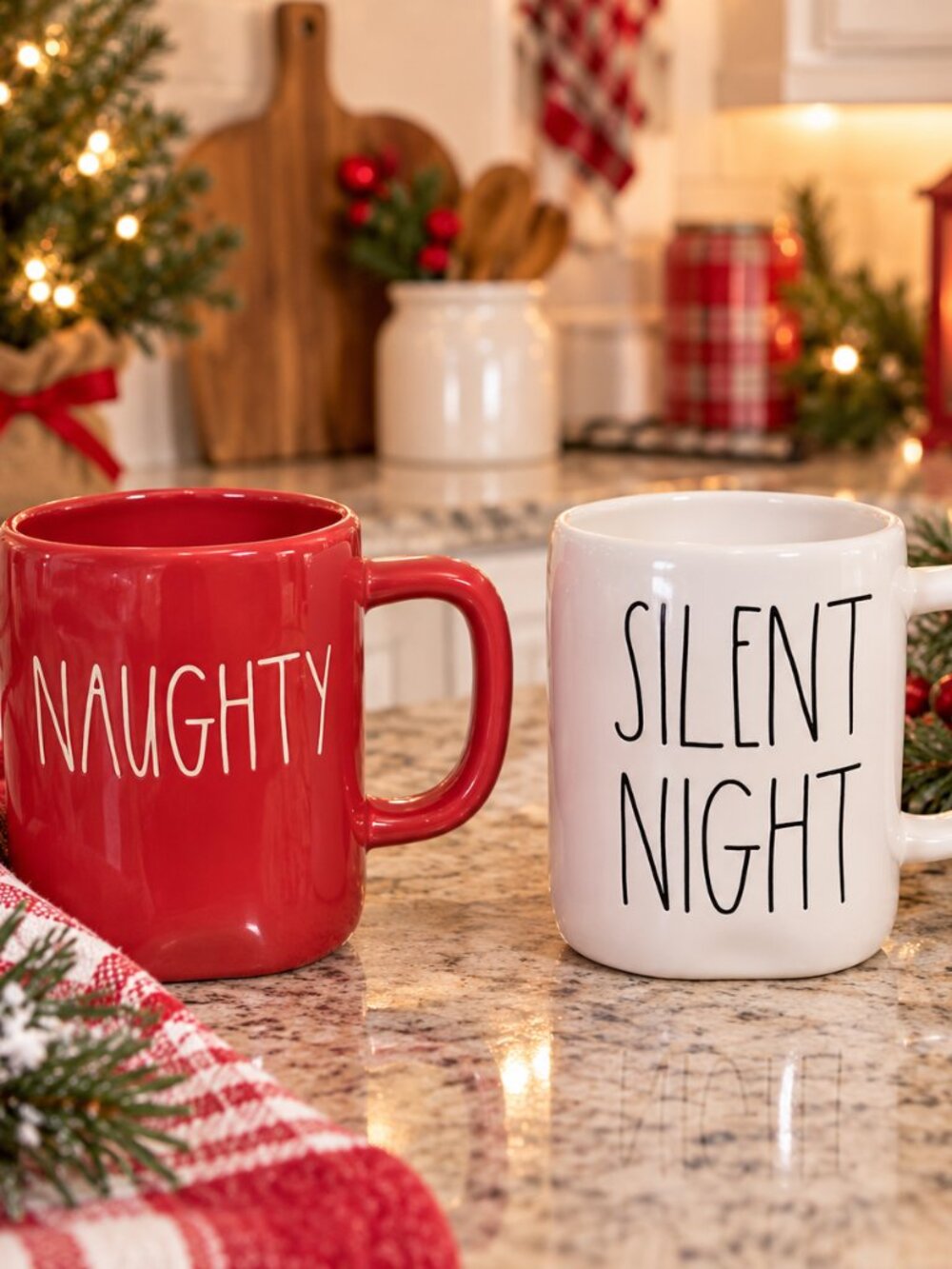 Rae Dunn Set of 2 Christmas Holiday Coffee Mugs Naughty/Nice Silent Night Cups